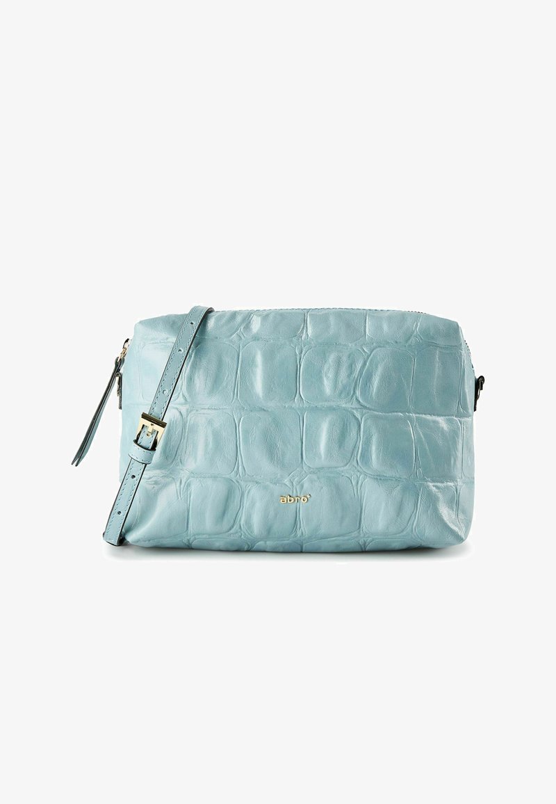 Hellblaue Leder-Umhängetasche mit geprägter Krokodilstruktur, abnehmbarem Schulterriemen und goldfarbenem Logo-Akzent.