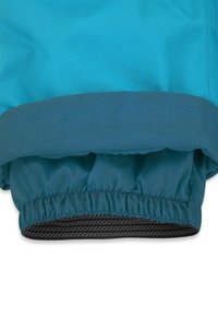 Türkisfarbene wasserdichte Jacke mit einem gesammelten elastischen Ärmelbündchen und einer strukturierten schwarzen Innenfütterung. Verfügt über glattes Material und gestickte Details am Saum.