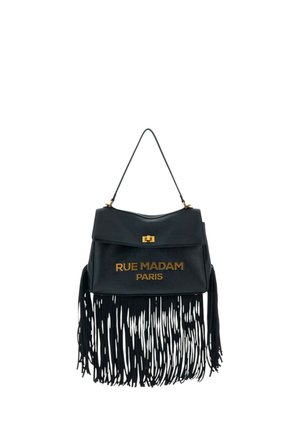 Borsa nera con chiusura oro, "RUE MADAM PARIS" scritte dorate e lunghe frange nere che pendono dai bordi inferiori.
