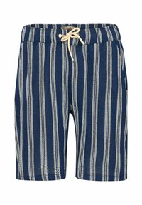 Blå og hvide stribede shorts lavet af tekstureret stof, med en elastisk talje og snor samt sidelommer.