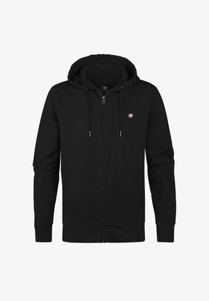 Schwarze Zip-Hoodie aus weichem Baumwoll-Mix-Gewebe. Verfügt über eine Fronttasche, eine verstellbare Kordelzugkapuze und ein kleines Logodetail auf der Brust.