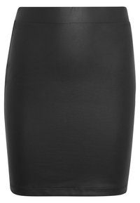 Zwarte, aansluitende mini-rok van glad materiaal met een hoge tailleband. Minimalistisch ontwerp met strakke lijnen en geen patronen of versieringen.