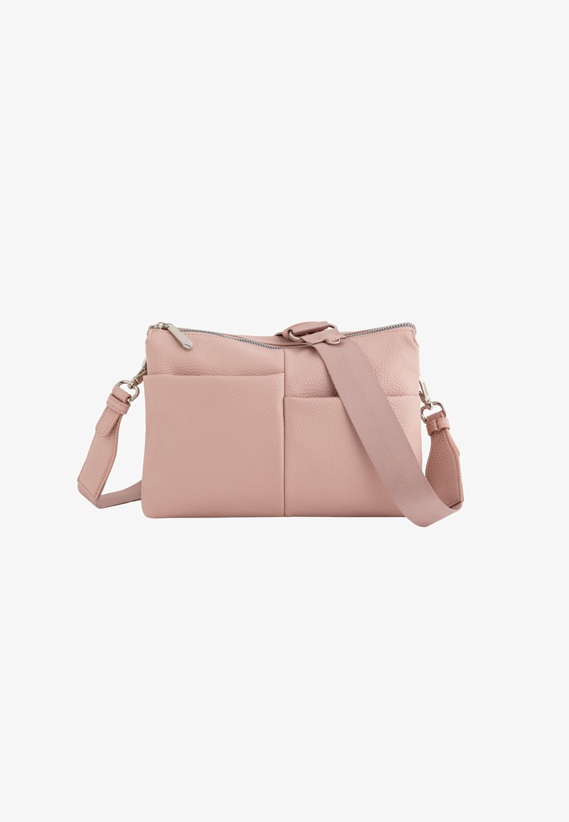 Roze leren crossbody tas met gestructureerd oppervlak, ritsluiting en verstelbare schouderband; heeft twee voorzakken voor extra opbergruimte.