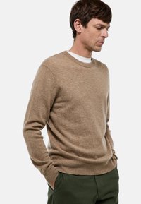Pull marron clair en tissu doux, avec un col rond, des manches longues et des poignets côtelés, associé à un pantalon vert foncé.