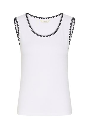 Weißes ärmelloses, geripptes Top mit schwarzem, dreieckigem Besatz entlang des Ausschnitts und der Armlöcher, im Kragen mit der Aufschrift "CREAM" versehen.