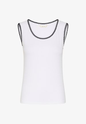 Weißes ärmelloses, geripptes Top mit schwarzem, dreieckigem Besatz entlang des Ausschnitts und der Armlöcher, im Kragen mit der Aufschrift "CREAM" versehen.