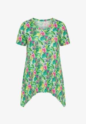 Korte groene V-hals tuniek met korte mouwen, voorzien van een tropisch bloemmotief in roze, paars en diverse groene bladeren.