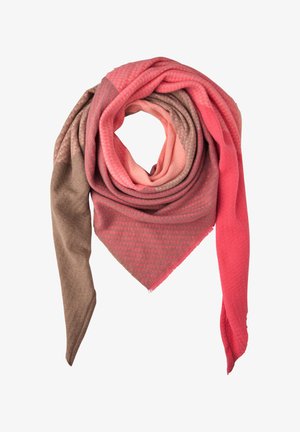 Vaaleanpunainen ja ruskea kolmionmuotoinen huivi, jossa on tekstuuri-kuvio ja pehmeä kangas sekä hapsutetut reunat lisäyksityiskohtina.