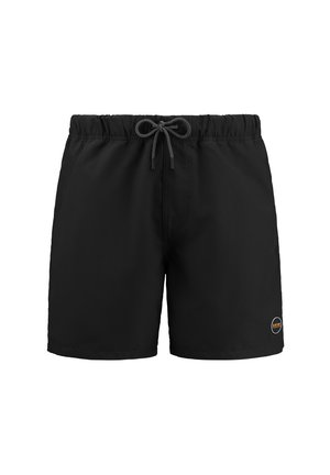 Melni peldbirki ar aukliņu jostu, izgatavotas no viegla materiāla. Uz apakšējā labajā stūrī ir neliels logo.