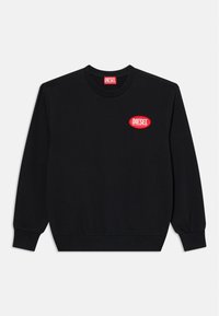 Felpa nera in cotone con polsini e colletto a coste. Presenta un logo ovale rosso con il testo "DIESEL" sul petto.