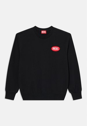 Sweat-shirt noir en coton avec des poignets et un col en côte. Présente un logo ovale rouge avec le texte "DIESEL" sur la poitrine.
