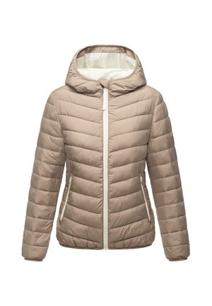 Beige pufferjack met een capuchon, voorzien van horizontale gestikte naden, een ritssluiting aan de voorkant en zijzakken met contrasterende witte accenten.