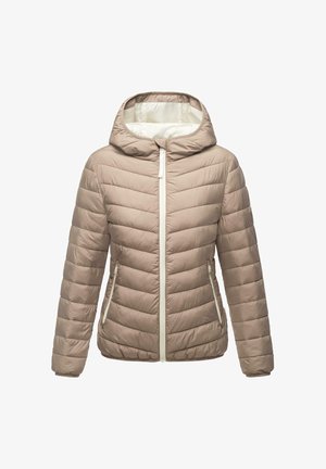 Beež puffer-jakk, millel on kapuuts, horisontaalne tikand, lukuga esiosa ja küljetaskud, millel on kontrastsed valged detailid.