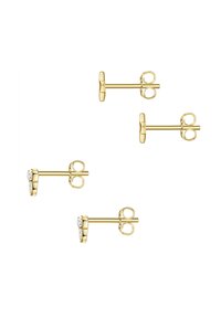 Guldörhängen med cirkulära bakstycken, texturerade ytor och små dekorativa accenter med klara stenar.