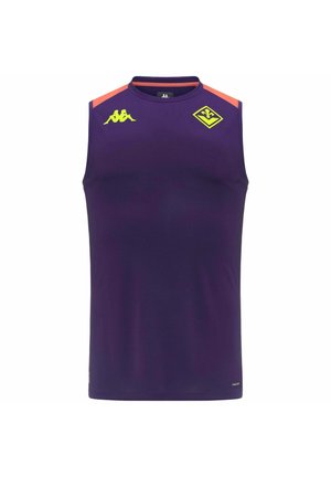Maillot de sport violet sans manches avec des bandes orange aux épaules, logo Kappa jaune sur la poitrine droite, et un emblème jaune en forme de losange à gauche.