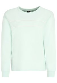 Mintgroene sweatshirt van zacht materiaal, met lange mouwen, een ronde halslijn en parallelle witte stiksels over de borst.