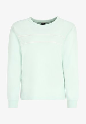 Mintgroene sweatshirt van zacht materiaal, met lange mouwen, een ronde halslijn en parallelle witte stiksels over de borst.
