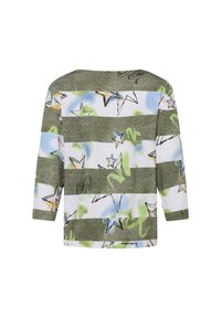 Grün-weiße gestreifte Oberteil mit Sternmustern, Rundhalsausschnitt und Dreiviertelärmeln, aus leichtem Stoff gefertigt.