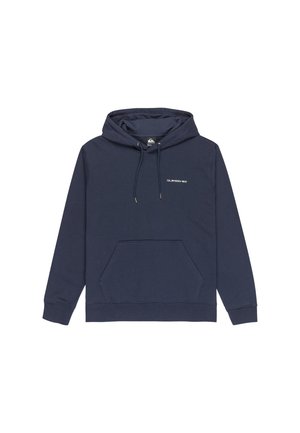 Marineblaue Kapuzenjacke aus weichem Material, mit einer vorderen Kängurutasche, einer Zugkordelkapuze und einem kleinen weißen Logo auf der Brust.