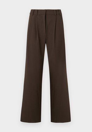 Brune bukser med vide ben og høj talje, med læg foran, lavet af et glat stof uden synlige mønstre eller detaljer.