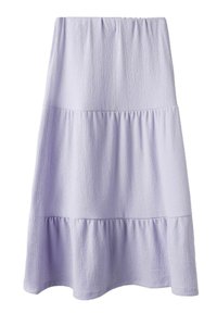 Jupe tiered en lavande clair en tissu texturé, dotée d'une taille élastique et d'une silhouette fluide avec un ourlet ondulé.