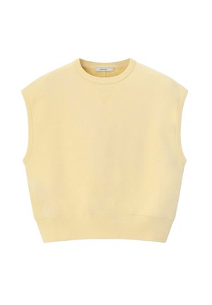 Sweat sans manches jaune pâle avec col rond et ourlet côtelé, avec un petit détail de couture triangulaire sous le col.