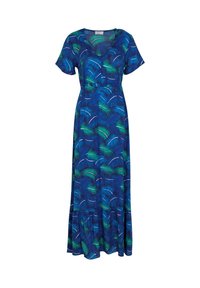 Robe longue bleue avec des motifs de feuilles vertes et blanches, manches courtes, encolure en V, taille cintrée et ourlet volanté.