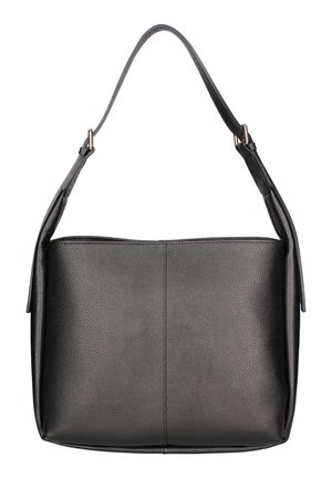 Zwarte leren schoudertas met een gestructureerd oppervlak, rechthoekige vorm en verstelbare band met metalen gespen.