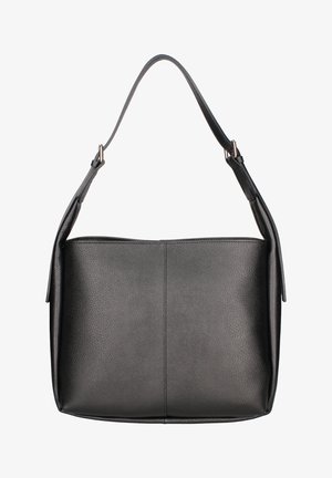 Sac à épaule en cuir noir avec surface texturée, forme rectangulaire, et sangle ajustable avec boucles en métal.