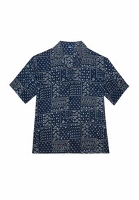 Krátký rukáv košile v tmavě námořnické barvě s bílými paisley a geometrickými vzory. Má límečkový výstřih a volný střih, vyrobeno z lehkého materiálu.