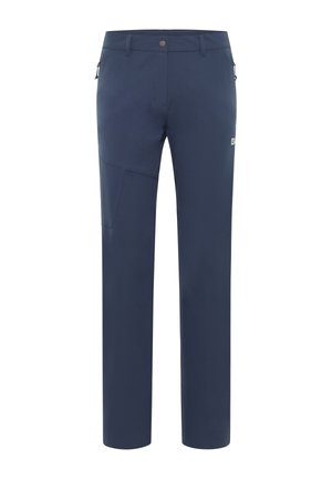 Pantaloni da esterno blu navy in tessuto leggero, dotati di tasca con zip e design rinforzato sulla coscia per garantire durata.
