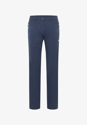 Marineblaue Outdoor-Hosen aus leichtem Stoff mit einer Reißverschlusstasche und einer verstärkten Konstruktion am Oberschenkel für zusätzliche Haltbarkeit.