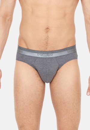 Grijze katoenen slips met een gladde textuur, voorzien van een reflecterende tailleband met 'HOM'-branding. Klassiek slipontwerp met een snug fit.