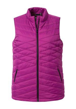 Paarse gewatteerde mouwloze vest met een hoge kraag, rits aan de voorkant en twee zijzakken, gemaakt van een lichtgewicht, gladde stof.