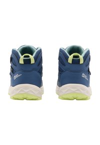 Blue hiking shoes with mesh upper, padded collar, rear pull tab, and white sole featuring green traction. Brand logo on the side.