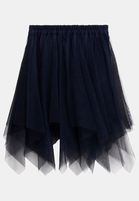 Marineblaue Tüllrock mit einem geschichteten Design, ausgestattet mit einem elastischen Bund und einem asymmetrischen Saum aus transparentem, fließendem Stoff.