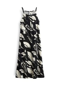 Robe noire et blanche sans manches avec fines bretelles et grands motifs abstraits de feuilles.