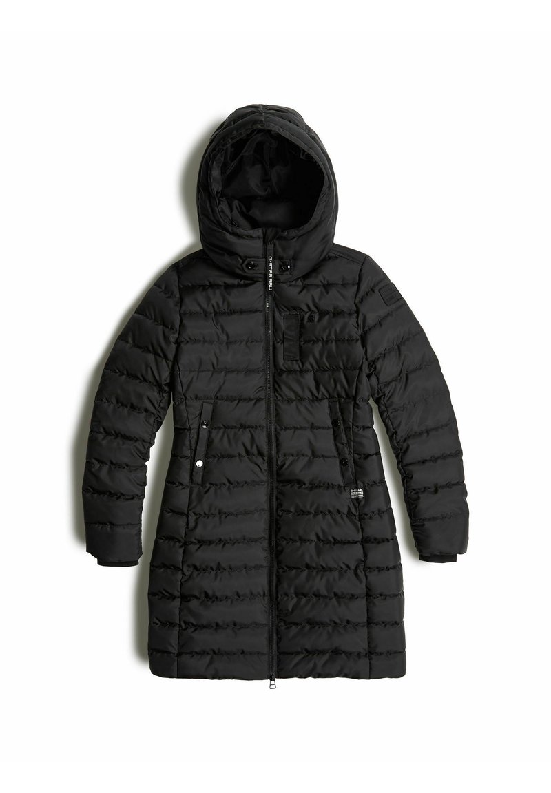 Schwarze Daunenjacke mit einer Kapuze, mit einem Reißverschluss vorne, horizontal gestepptem Design, Seitentaschen und einem eleganten, längeren Schnitt.