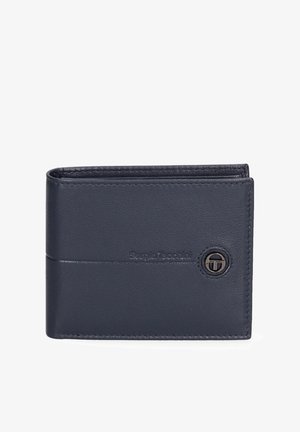 Portafoglio in pelle blu navy con una texture liscia, design a due pieghe e logo impresso. Presenta un dettaglio circolare con un accento metallico.