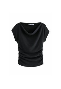 Schwarzes Kurzarmshirt mit einem drapierten Ausschnitt, strukturiertem Stoff, gerafften Details an den Seiten und einer lockeren Passform.