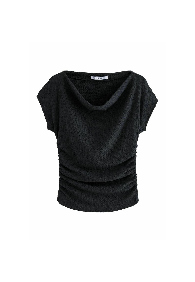 Schwarzes Kurzarmshirt mit einem drapierten Ausschnitt, strukturiertem Stoff, gerafften Details an den Seiten und einer lockeren Passform.