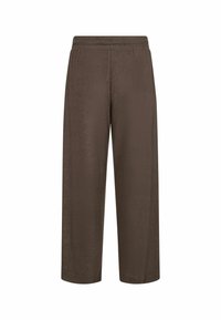 Bruine wijde broek gemaakt van zachte, gestructureerde stof met een elastische tailleband, met een soepele afwerking en een eenvoudig ontwerp.