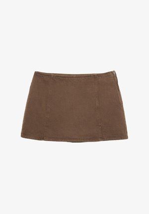 Hnědá bavlněná mini sukně s přiléhavým střihem, která má dva vertikální švy a boční zip, hladkou texturu a čisté okraje.