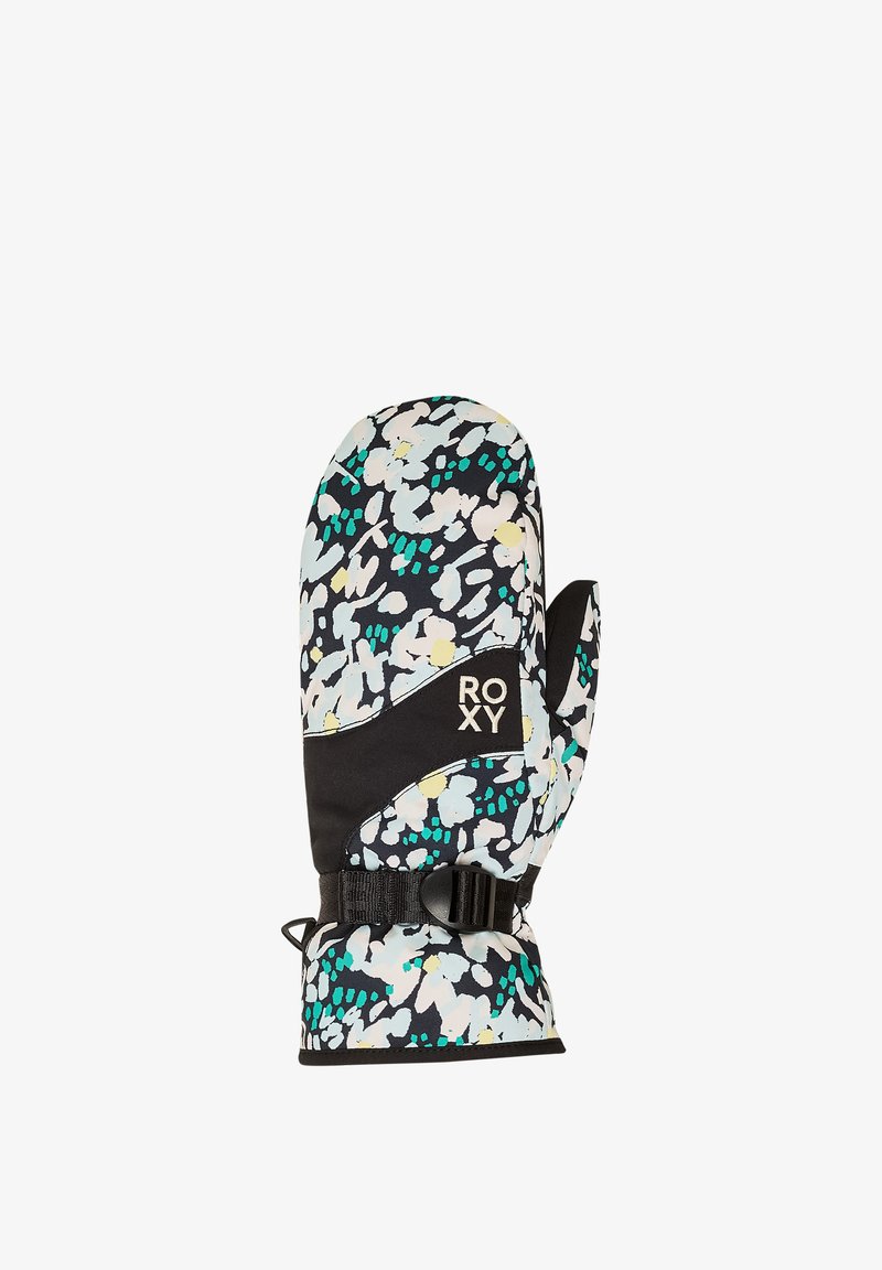 Črne rokavice z barvitim abstraktnim vzorcem v modri, rumeni in beli barvi, z teksturiranim zaključkom in prilagodljivim zapestnim trakom.