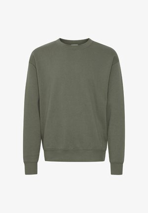 Felpa verde oliva in morbido cotone, con scollo rotondo, maniche lunghe, polsini a coste e vestibilità comoda. Senza motivi o dettagli.