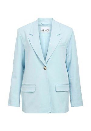 Hele sinine ühe nupuga bleiser sälklapiga, kahe esiklapi tasku ja rinnataskuga, esikülg vaates.