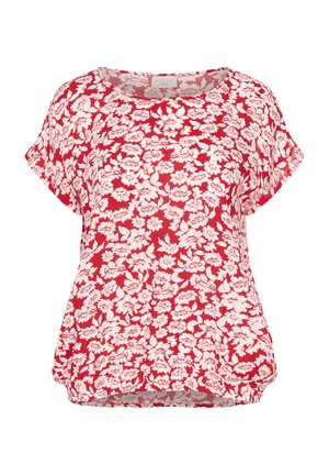 Czerwona bluzka w kwiaty z luźnym krojem, krótkimi rękawami i okrągłym dekoltem. Tkanina prezentuje biały wzór kwiatowy na czerwonym tle.