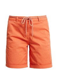 Shorts in cotone arancione con una vita regolabile con cordino intrecciato, orli arrotolati e tasche laterali. Tessuto morbido con design casual.