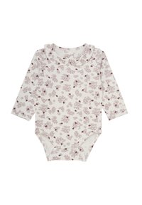 Langærmet baby bodystocking i creme med et blomsterprint i bordeaux, med en flæsekrave og trykknaplukninger i bunden.