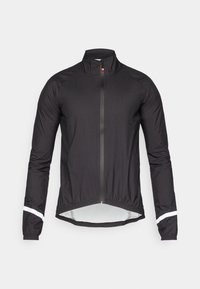 Schwarze Windjacke mit langen Ärmeln, hohem Kragen, durchgehendem Reißverschluss, elastischem Bund und weißen reflektierenden Akzenten an den Ärmeln.